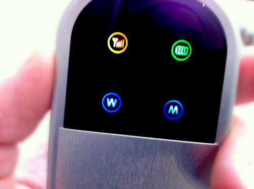 The MiFi's screen and the four colored lights/icons.